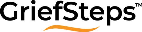 The GriefSteps logo in black text with an orange curved line beneath it, and the trademark symbol.