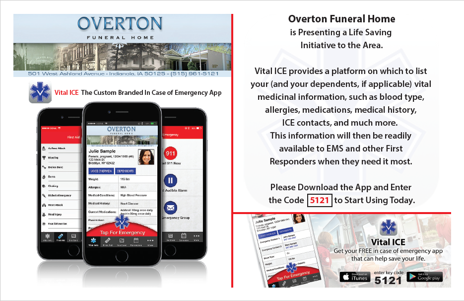 Advertisement for Overton Funeral Home promoting the Vital ICE app with screenshots and code 5121.