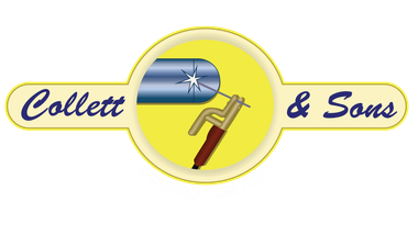 The logo for collett & sons shows a welding torch