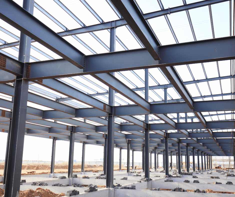 A large building under construction with a lot of steel beams