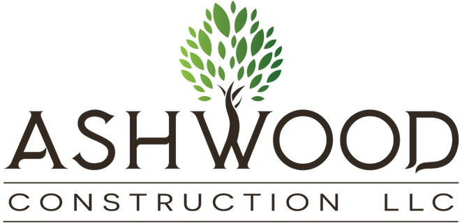 The logo for ashwood construction llc has a tree on it.