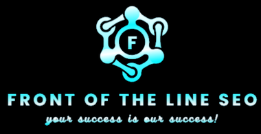 A logo for front of the line seo on a black background