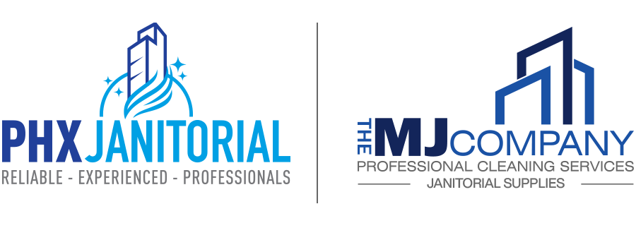 Two logos for phx janitorial and emj company professional cleaning services