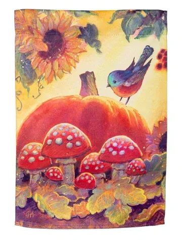 A painting of a pumpkin surrounded by mushrooms and a bird