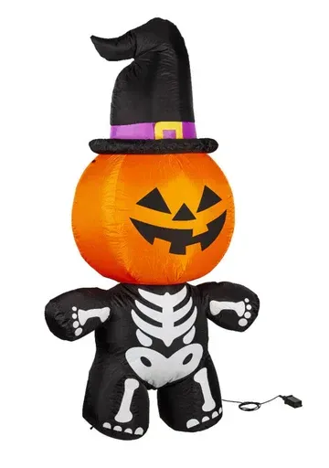 An inflatable skeleton pumpkin with a witch hat on it.