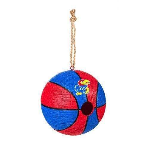 A red and blue basketball is hanging from a rope.