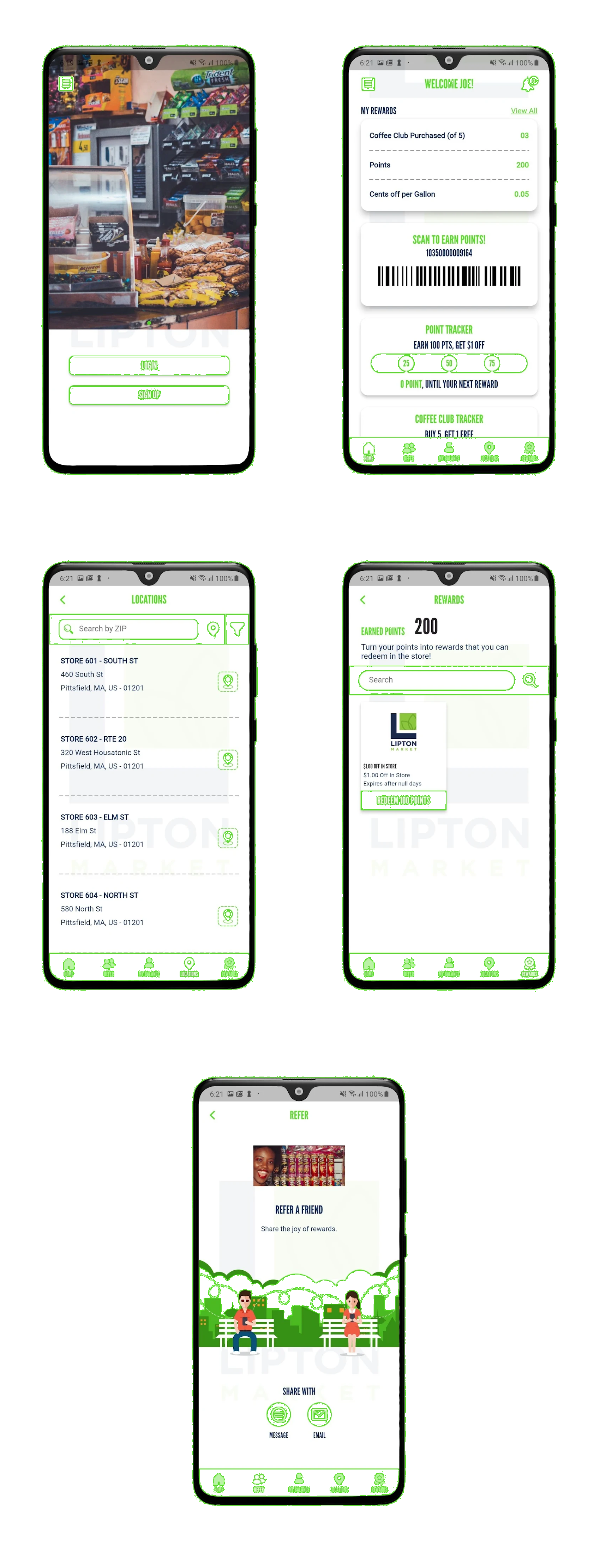 Collage of five smartphone app screens with a white-and-green interface and one colorful home screen.