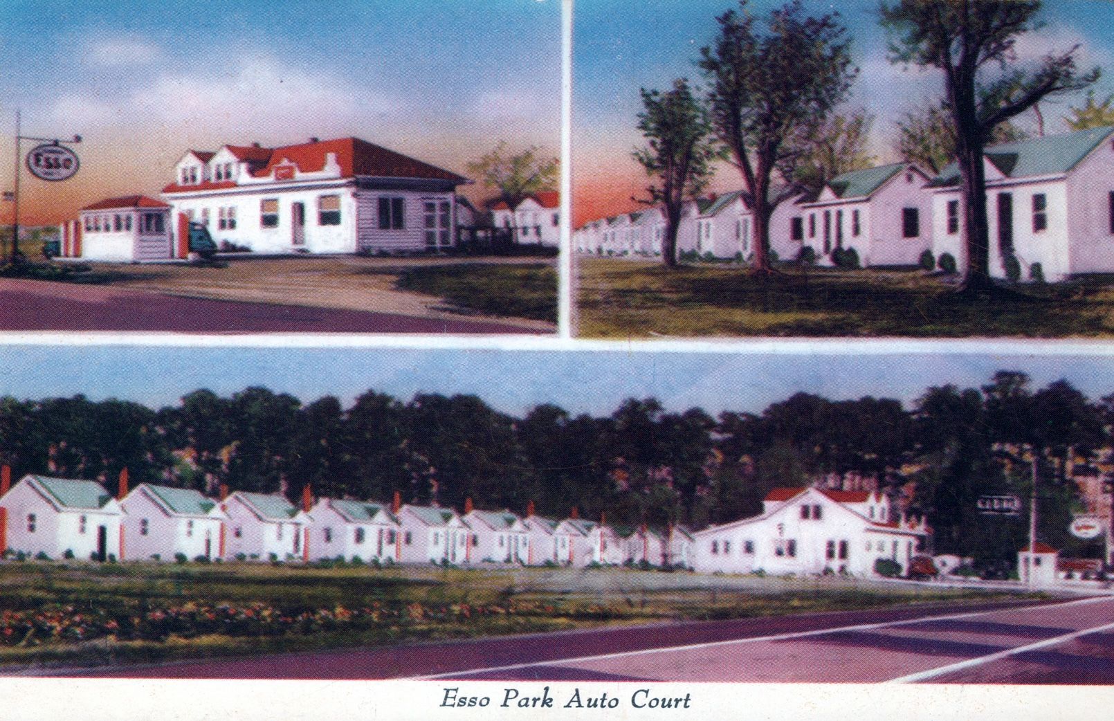 a postcard showing a row of houses and the words bass park auto court
