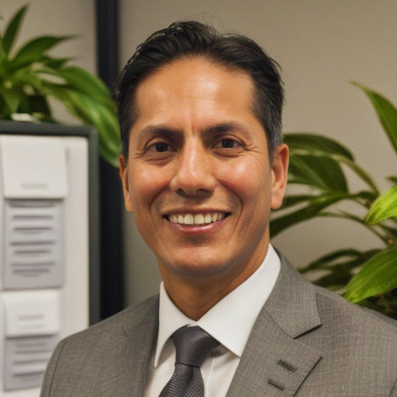 Armando Zuniga in grey suit smiles at the camera. Indoor office setting with plants.