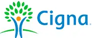 Cigna logo: a tree with a person in the center, green leaves, blue text.