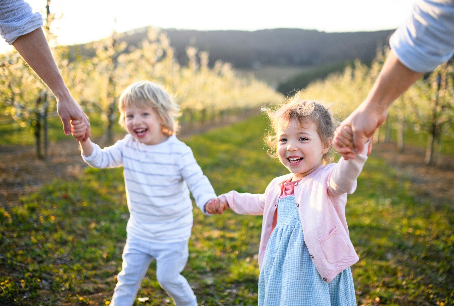 Two children smile while holding hands, being led by unseen adults in a sunny orchard.