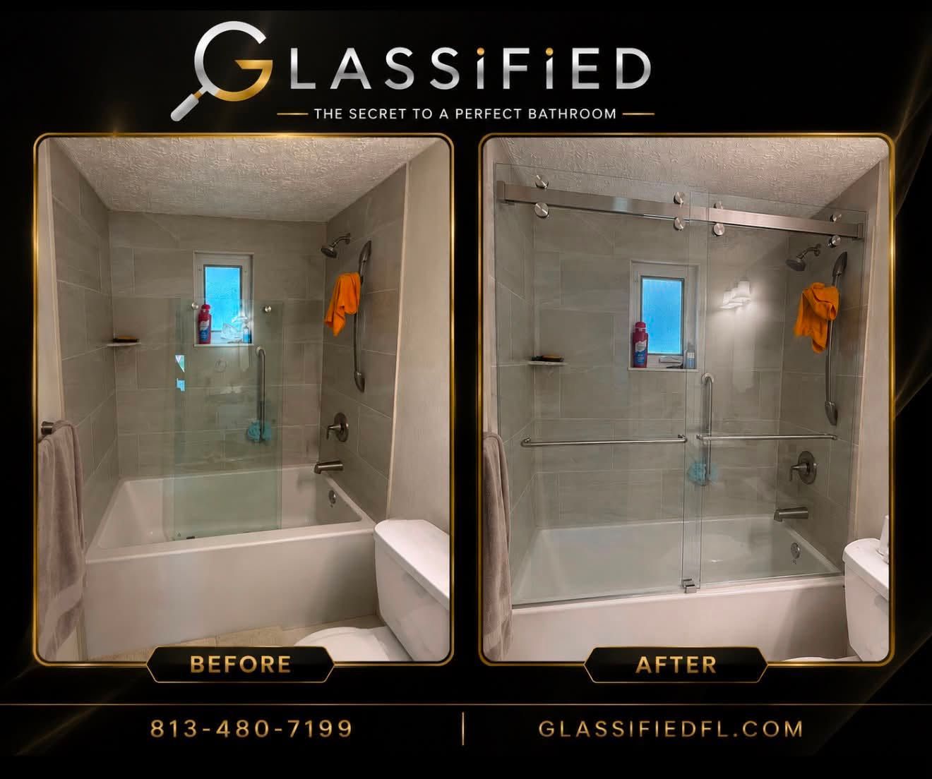Before-and-after bathroom shower glass upgrade with clear sliding doors in a tiled shower.