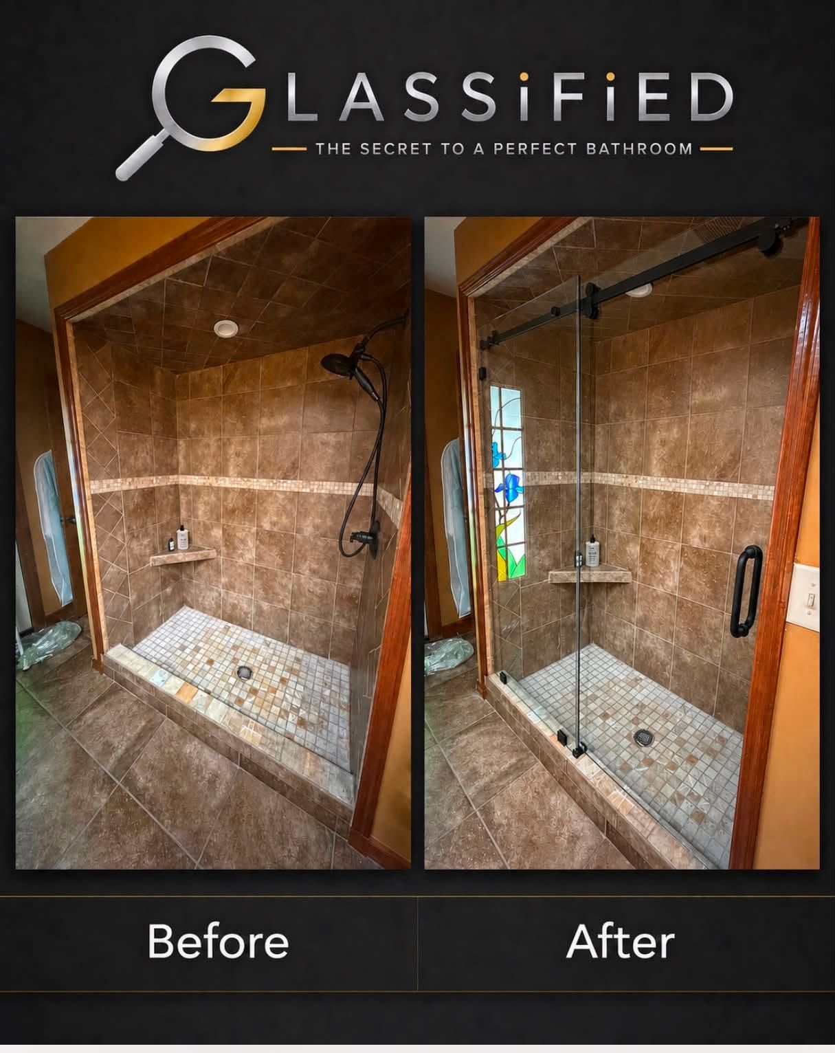 Before-and-after bathroom shower remodel with brown tile and a glass sliding door.