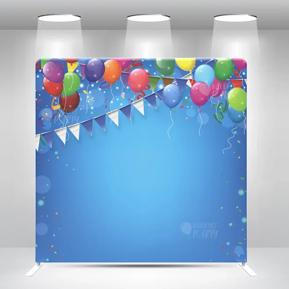 A blue background with balloons and confetti on it