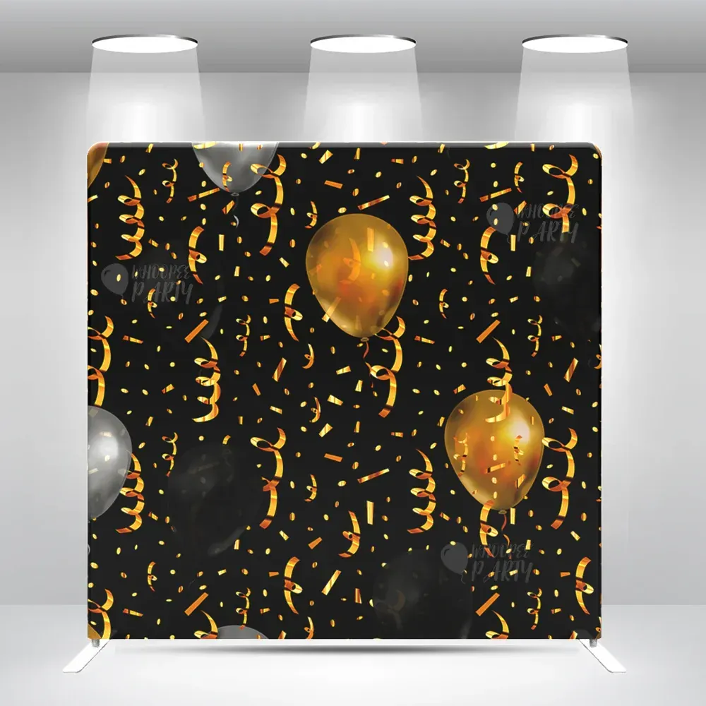 A black background with gold balloons and confetti on it