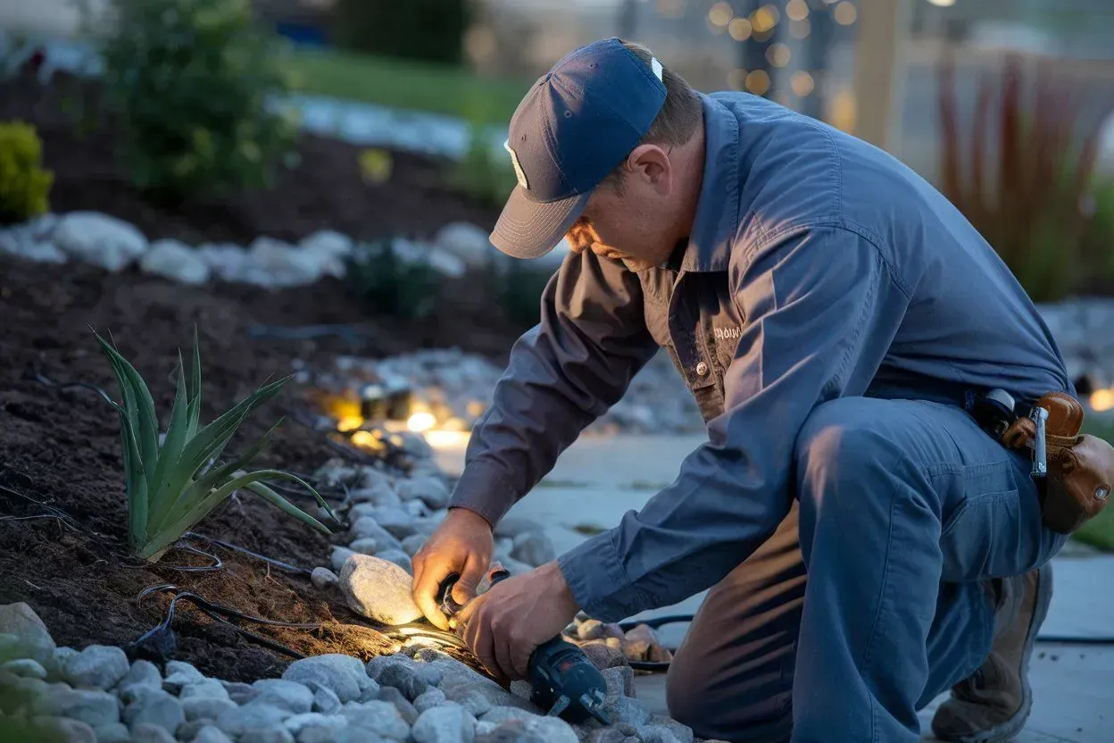 Man kneeling in a garden, adjusting a small light among rocks and plants at dusk
