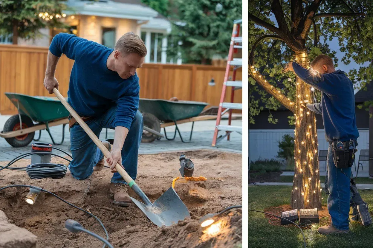 Two side-by-side scenes of a person gardening: digging soil and wrapping string lights around a tree.