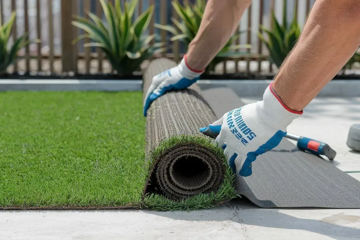 Hands rolling up artificial turf on a patio, with green grass and a gray border visible.