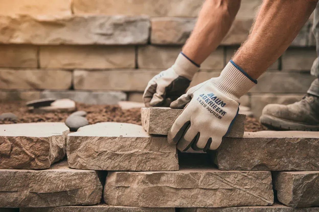 Gloved hands laying stacked stone blocks in a masonry wall outdoors