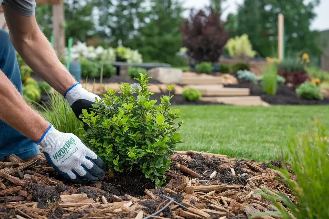 Gardener planting a small green shrub in a mulched garden bed with gloved hands