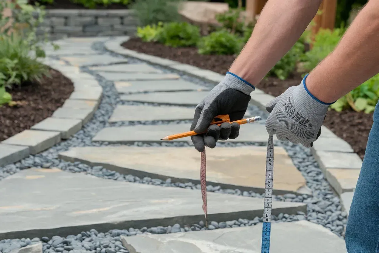 Gloved hands measuring a curved stone pathway during installation in a landscaped yard