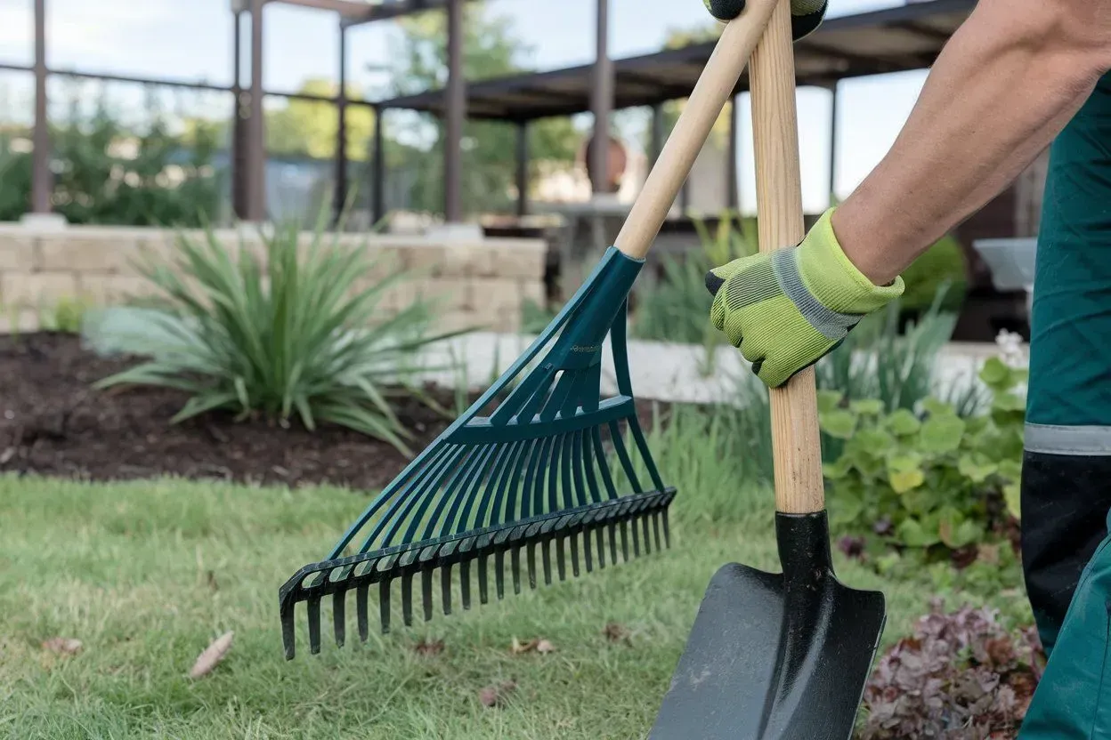 Person in green gloves holding a rake and shovel while working in a landscaped garden area