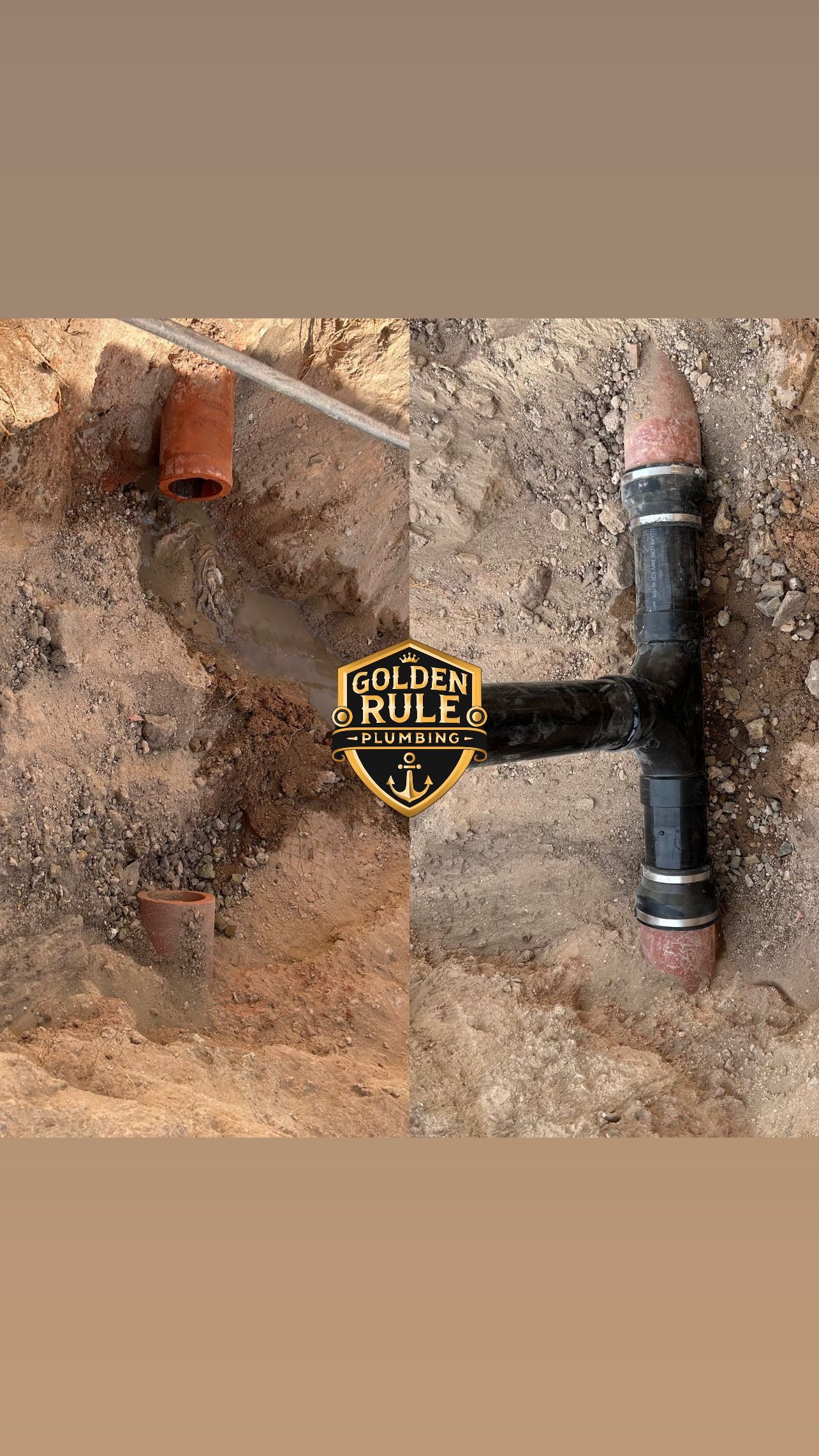 A black pipe is sitting in the dirt next to a brick wall.