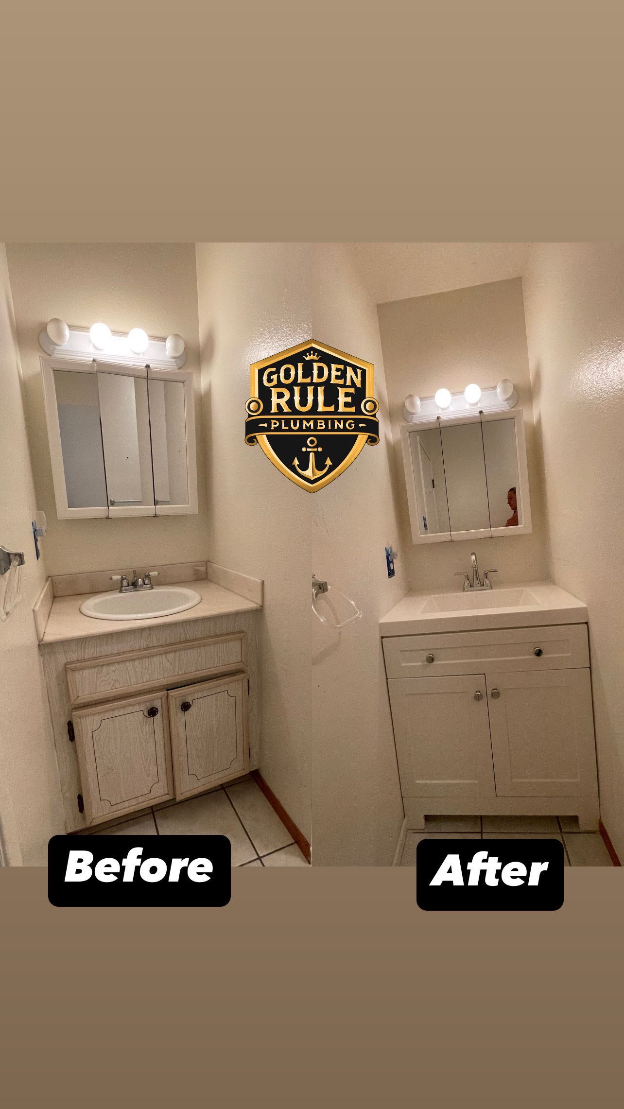 A before and after photo of a bathroom with a sink and mirror.