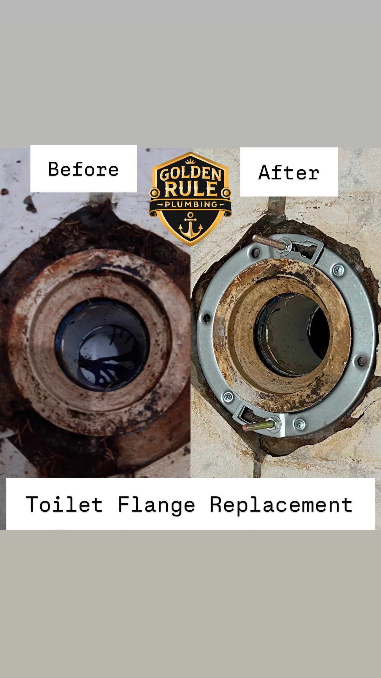 A before and after picture of a toilet flange replacement.