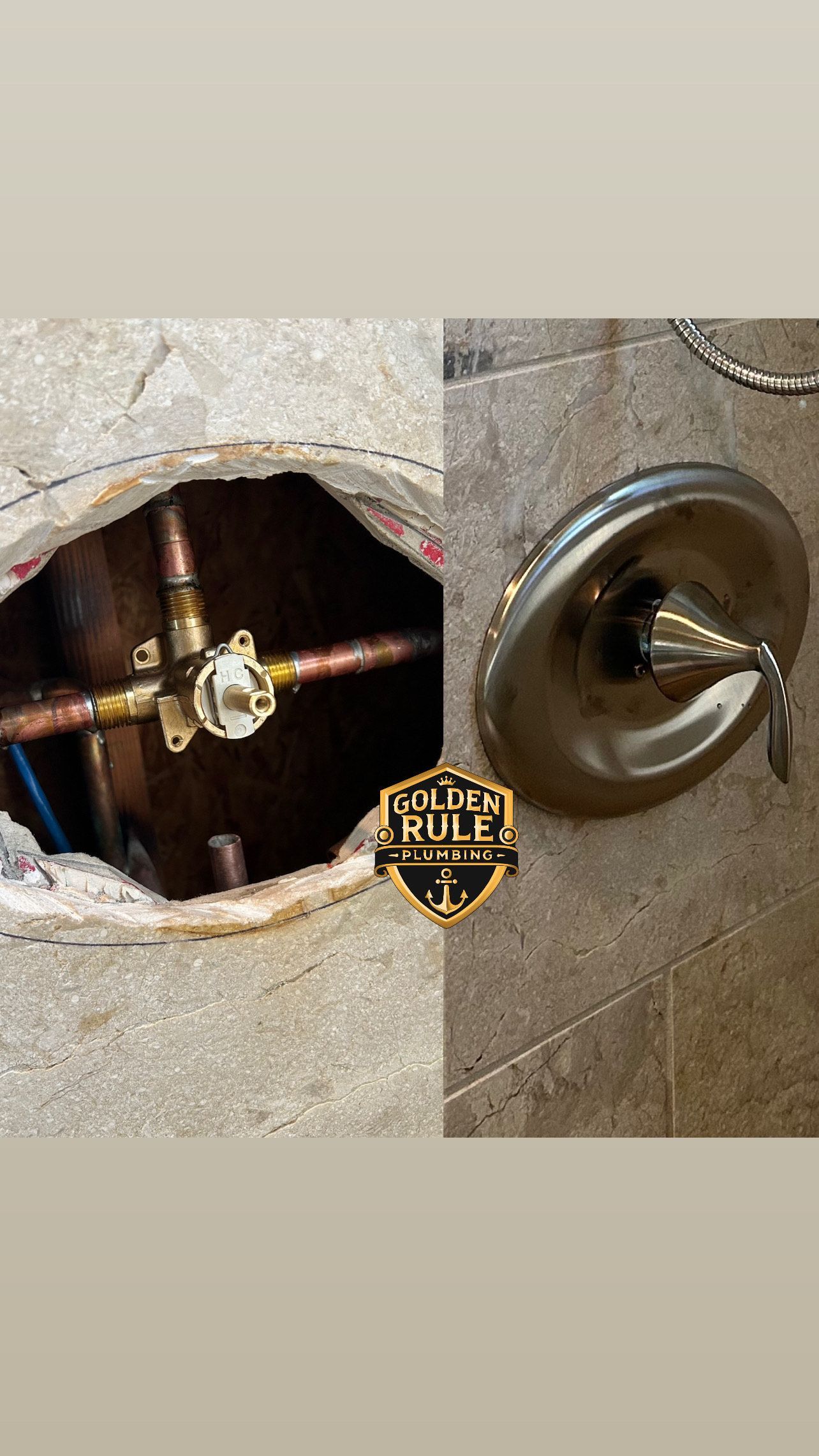 A picture of a hole in a wall and a picture of a shower valve.