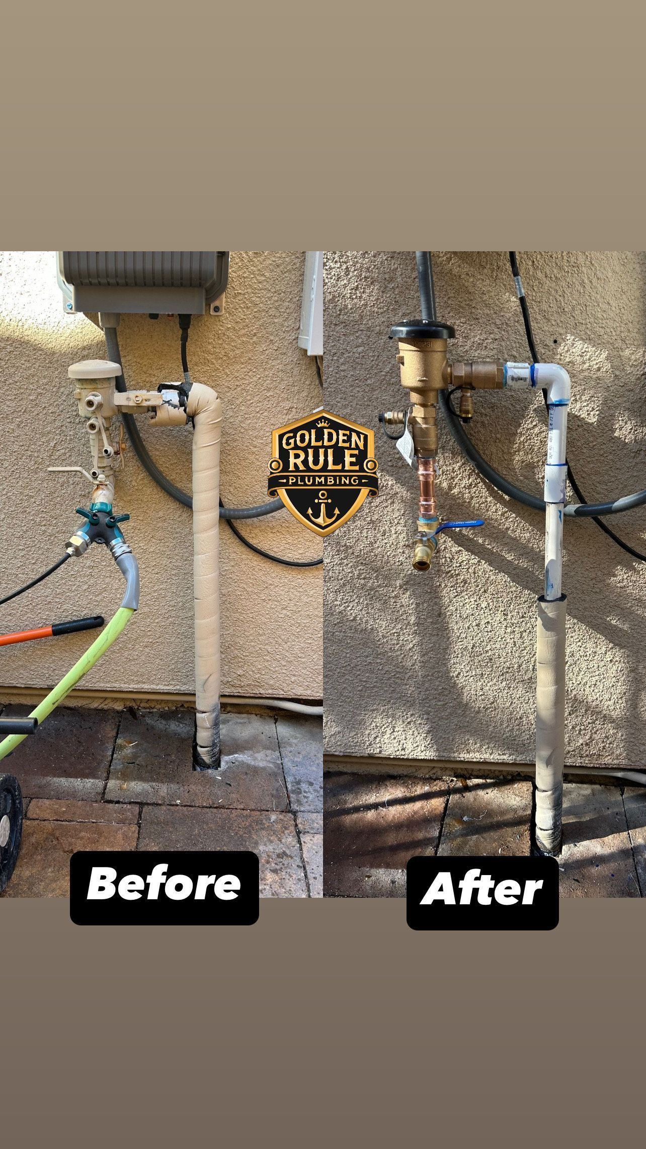 A before and after picture of a water pipe on a wall.