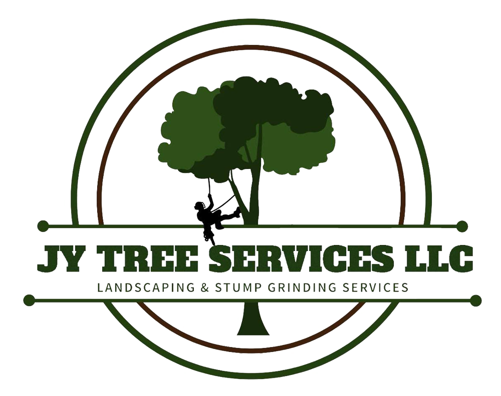 A logo for jy tree services llc landscaping and stump grinding services.