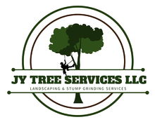 A logo for jy tree services llc landscaping and stump grinding services.