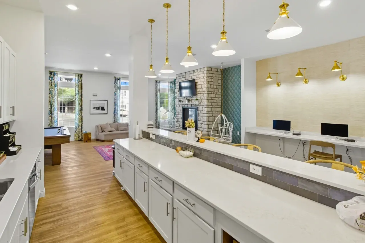 Community lounge area with a bar, lounge seating, a fireplace, and a computer station.