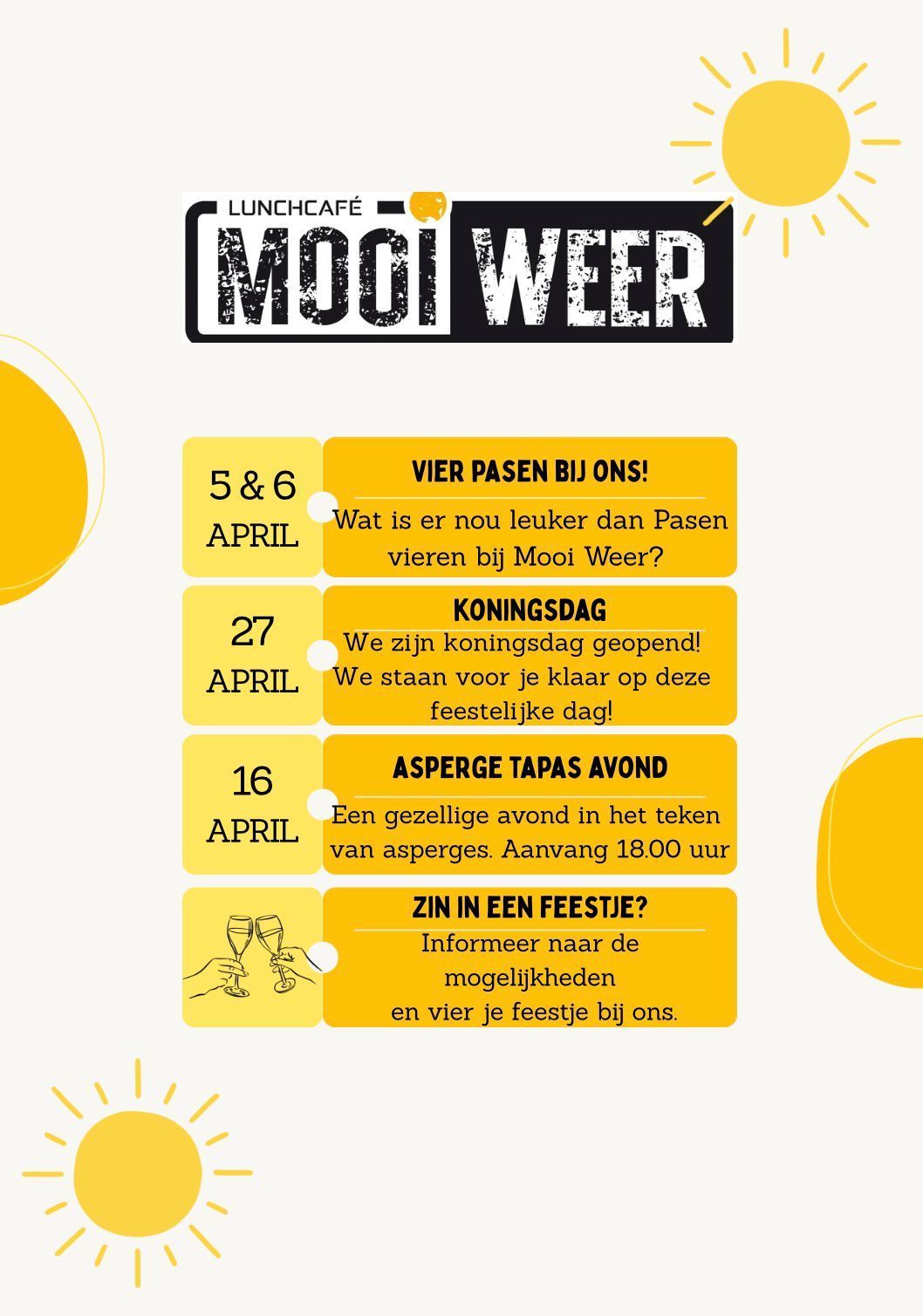 Flyer voor het evenement 'Mooi Weer' met data voor Pasen, Koningsdag, een asperge-tapasavond en informatie over het feest.