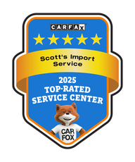 CARFAX 2025 Top-Rated Service Center award badge for Scott’s Import Service featuring the CARFAX fox mascot.