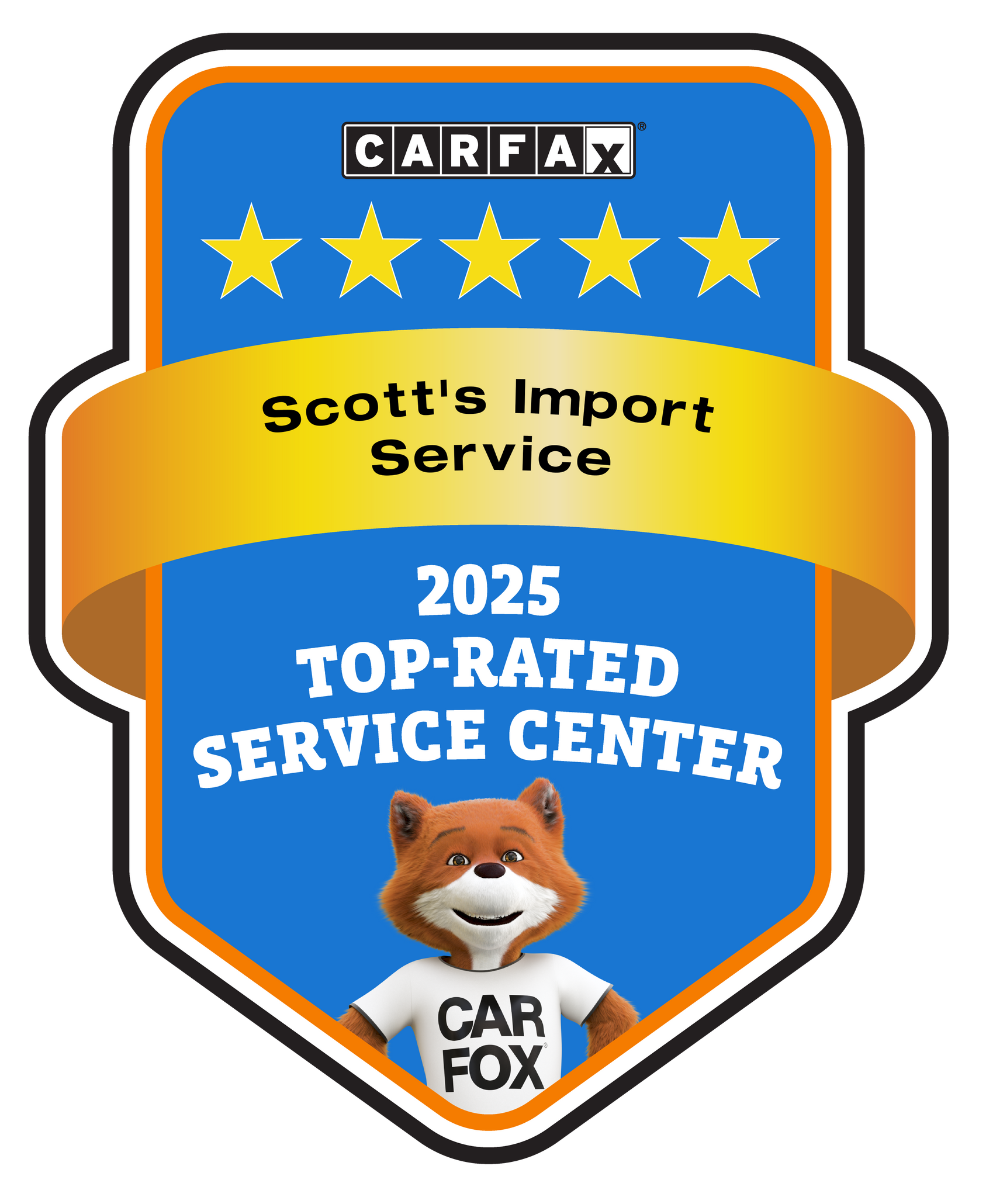 CARFAX 2025 Top-Rated Service Center award badge for Scott’s Import Service featuring the CARFAX fox mascot.