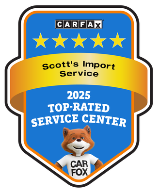 CARFAX 2025 Top-Rated Service Center award badge for Scott’s Import Service featuring the CARFAX fox mascot.