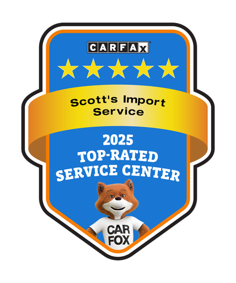CARFAX 2025 Top-Rated Service Center award badge for Scott’s Import Service featuring the CARFAX fox mascot.
