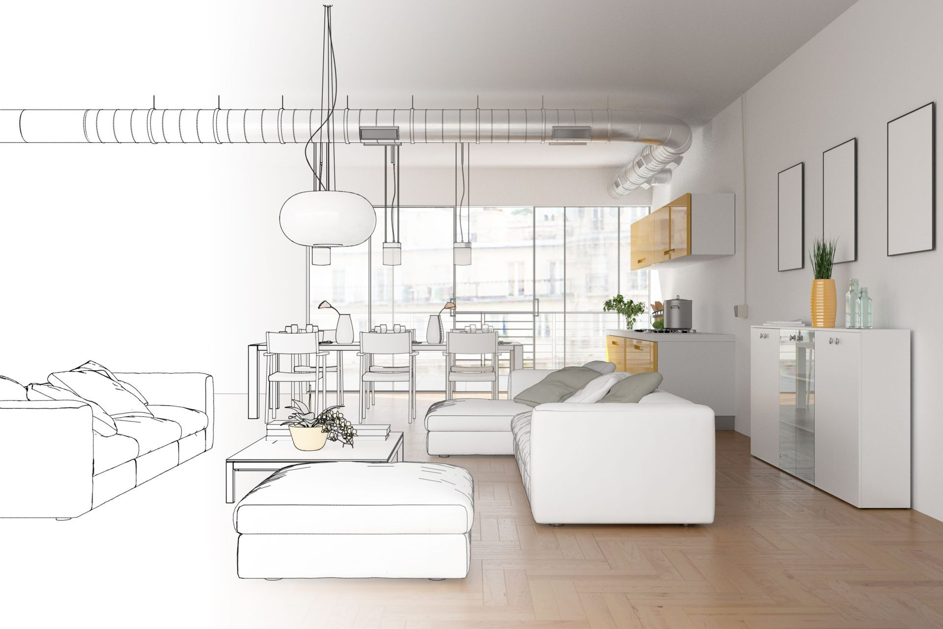 A black and white drawing of a living room with a couch and a table.