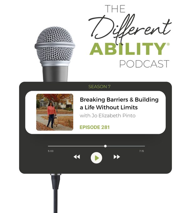 Podcast promo graphic with microphone and screen reading “The Different Ability Podcast” and “Breaking Barriers & Building a Life Without Limits.”