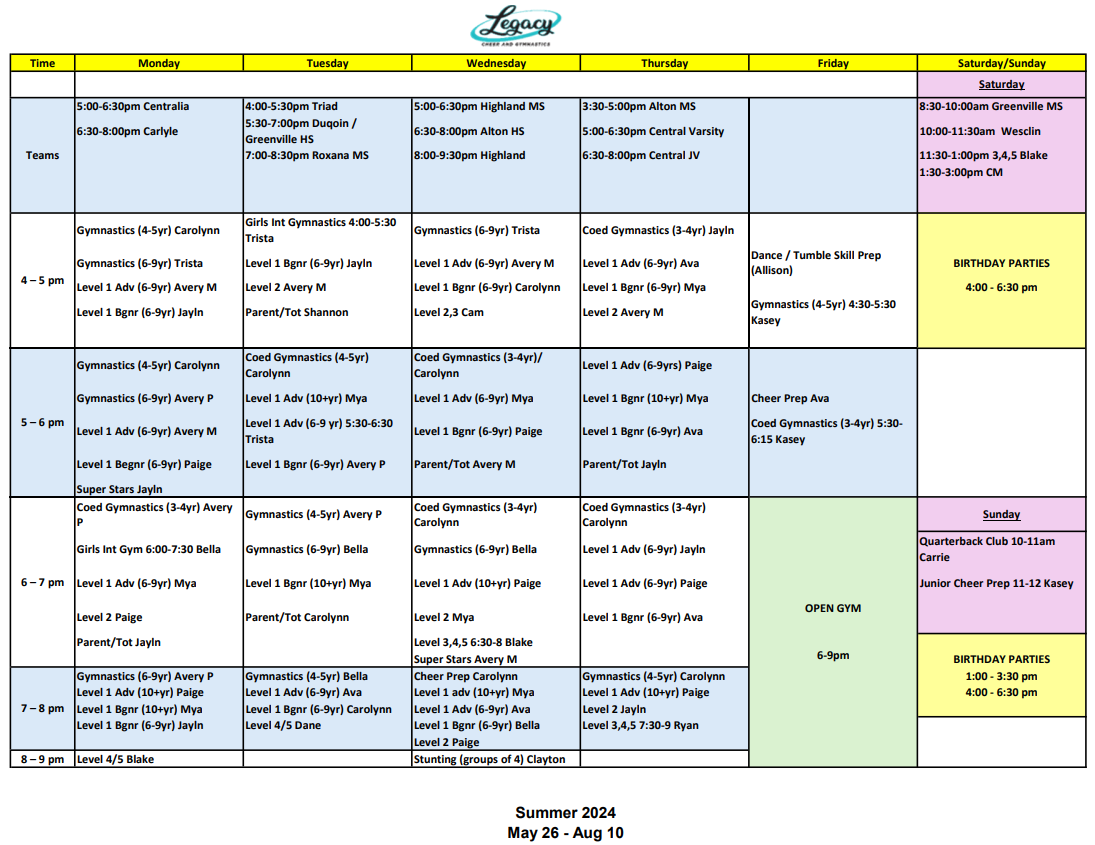 Classes calendar | Highland, IL | LCG