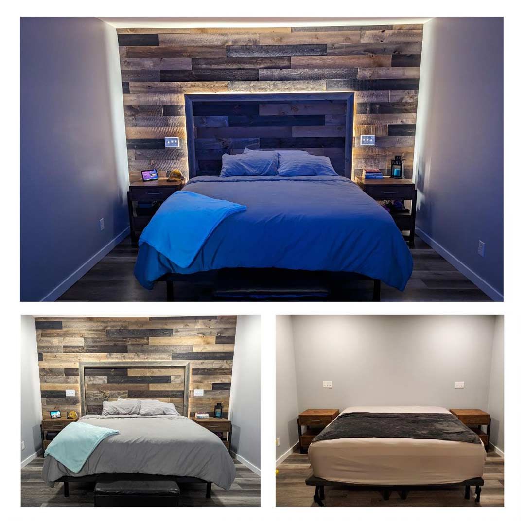 Small office kitchen with white cabinets, stainless steel appliances, table, and colorful chairs.