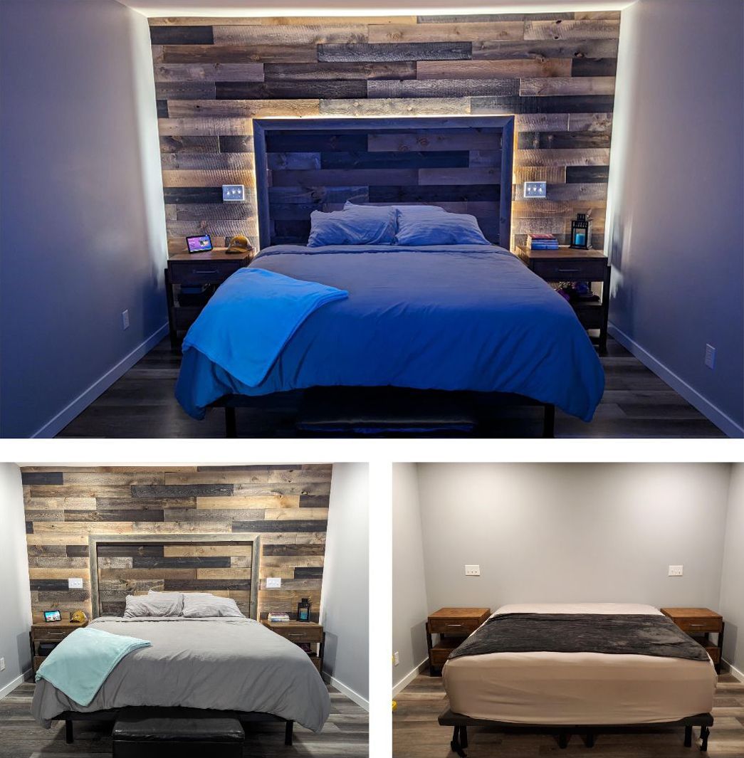 Bedroom with wood accent wall, built-in lighting, bed, and nightstands.