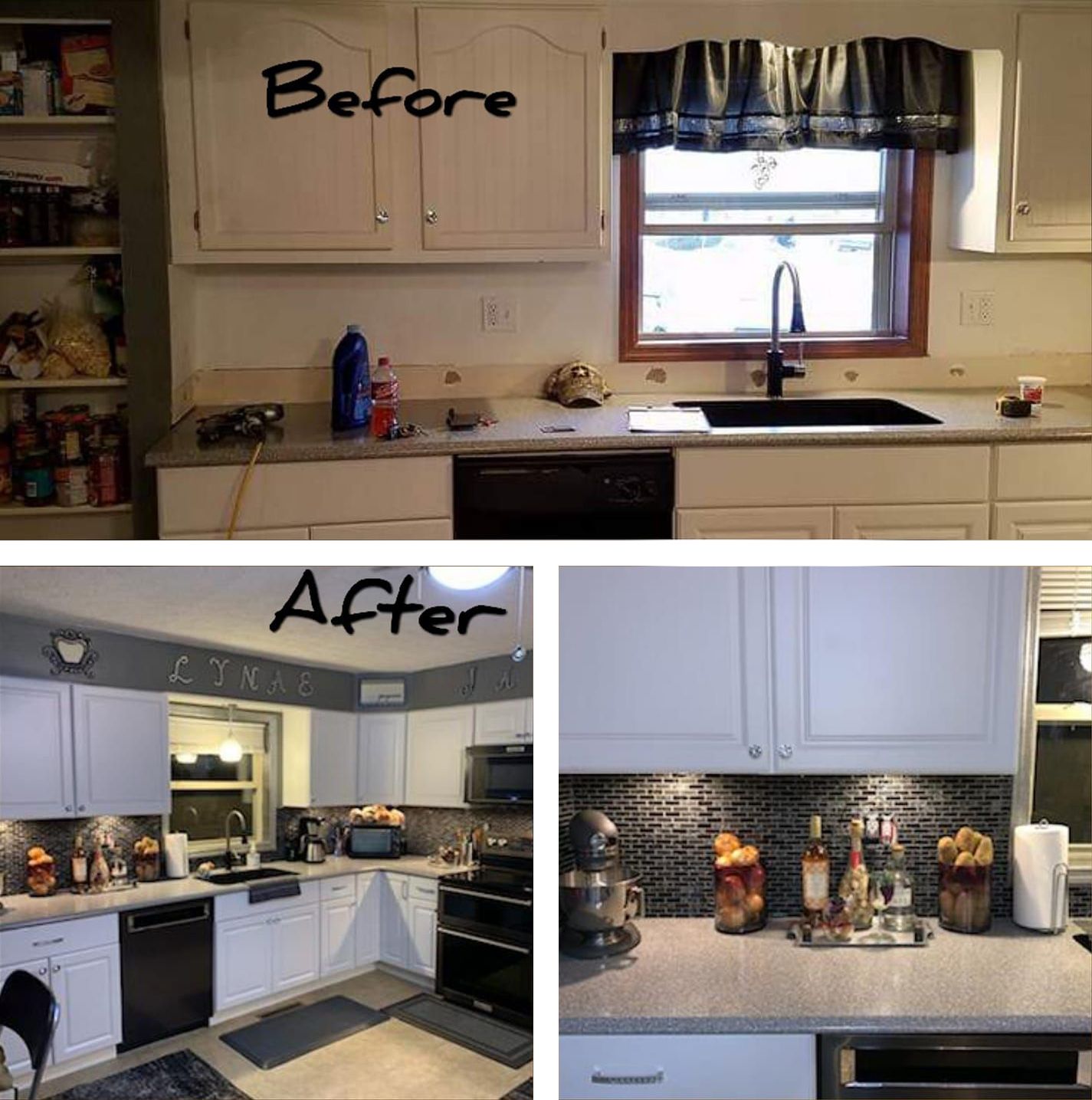 Kitchen renovation before and after: white cabinets, gray countertops, black appliances, and dark backsplash.