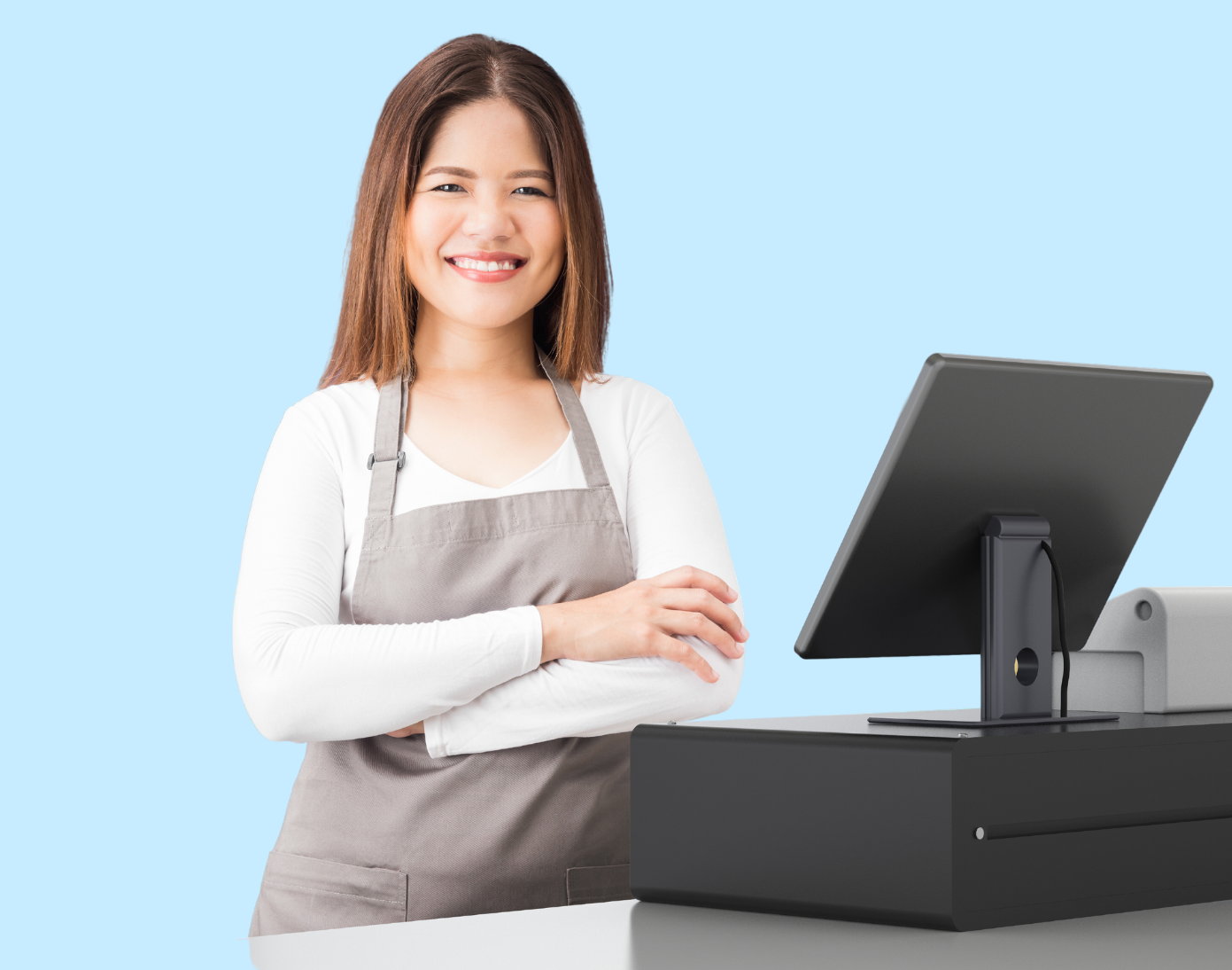 Una mujer está parada frente a una caja registradora con los brazos cruzados. usando Vendty Pos