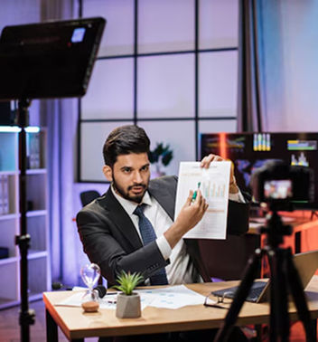 Woman in yellow shirt holding a gift box with a red bow, smiling at the camera.  Next to a microphone.