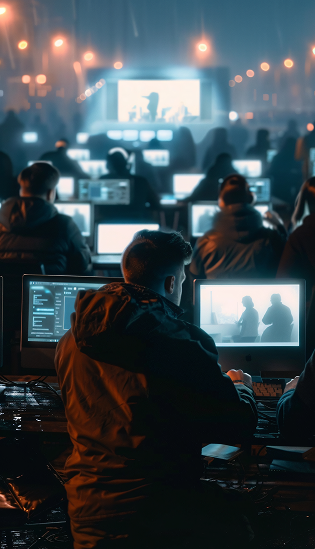 Group of people at computers, watching a large screen in a dark outdoor setting.
