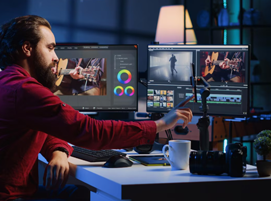 Man color-correcting video footage on dual monitors at a desk; he's in a dark room with a coffee cup.