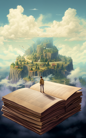 Person standing on a book, gazing at a floating castle. Sunny day, with clouds and lush greenery.